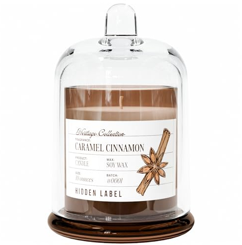Hidden Label Fall Candles Caramel Cinnamon Scented, 10oz Natural Candles Non Toxic for Home Scented with Clear Bell Jar, Aromatherapy Candle for Spa/Yoga/Meditation & Stress Relief Gifts