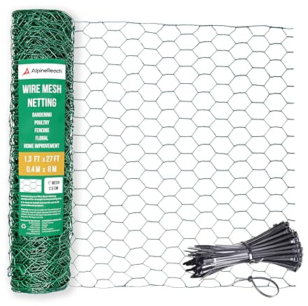AlpineReach kycklingtråd 1 fot x 3 fot (15,6 tum x 823 cm) för blomsterarrangemang, buntband - grön nätrulle galvaniserat sexkantigt PVC-belagt trädgårdsnät för staket, hantverk, fjäderfä