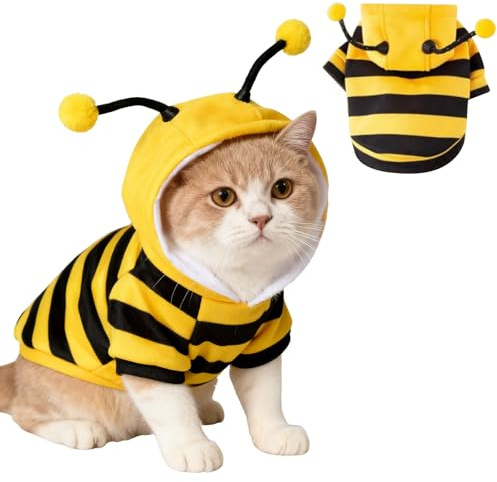 TBAMTBW Bee Cat Costume,Cat Clothes for Sphynx,Holiday Cats Hoodie,Pet Cats Outfit,Warm Kitten Clothes,Dog Bee Costume,Cosplay Pet Pajamas with Bees Stripes (XXS)