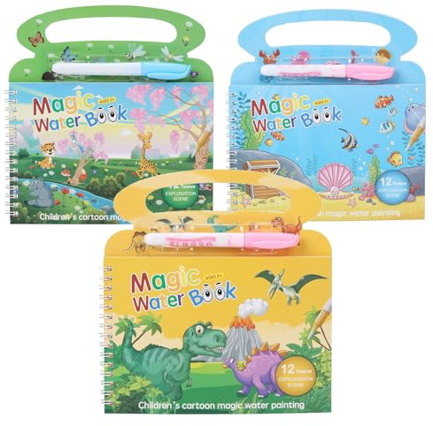 EcoJozon Livre de Coloriage A L Eau Réutilisable Enfants 3 Livres Magiques avec 3 Stylos Eau Livre Dessin Water Book ColorIage Magique Jouet Educatif 2 Ans et Plus Cadeau