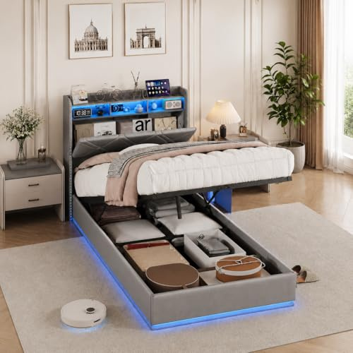 Bagagesäng 90 x 200 med LED och USB-portar, 1-sits sängar med hydraulisk förvaring, barnsäng 90 x 200 cm med hydraulisk, vadderad enkelsäng med ribbotten för 1 person (mörkgrå, 90 x 200)