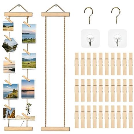 LINISITING 2 PCS Wooden Hanging Photo Display Board with 30 Wood Clips and Hooks, DIY Wall Clip Photoes Holder, Multi-Purpose Picture Frame Wall Photo Display for Home Bedroom Living Room Decoration