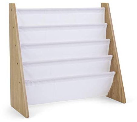 Humble Crew Journey Wooden Bookshelf for Children, 4 Tier Book Storage Organiser with Deep Fabric Pockets, Forward Facing Book Display for Easy Identification - Natural Wood/White