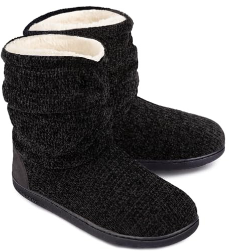 LongBay Women's Chenille Knit Bootie Slippers Cute Plush Fleece Memory Foam House Shoes (Large / 9-10 B(M), Black)