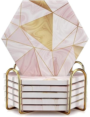 6 sottobicchieri in marmo rosa con supporto sottobicchieri assorbenti oro sottobicchieri esagonali in ceramica sottobicchiere da tavolo Ser decorativo bar sottobicchieri per vino