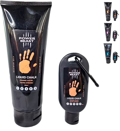 POWER BEAST Flüssigkreide Farbig, Magnesia, für besseren Grip, Liquid Chalk, Chalk Magnesia, Flüssig Kreide für Crossfit, zum Klettern, Gewichtheben, Poledance, Tennis, +50 Ml Extra. (Orange)