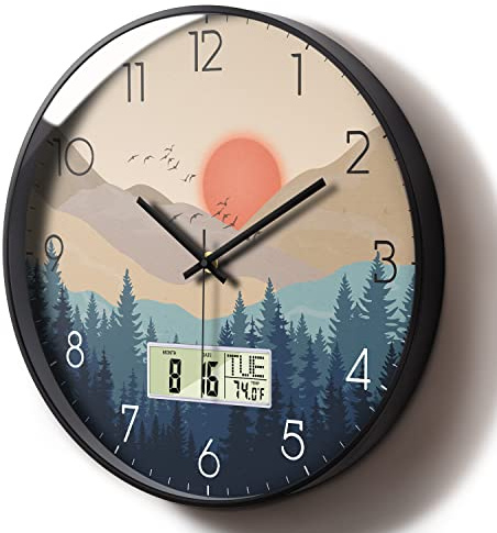 SCOAGE 12 Silent Non-Ticking Wall Clock, Mid-Century Modern Wilderness Sunset, Battery Operated Analog Clock with LCD Date Day Temp Display for Living Room Home Office Bedroom Kitchen Farmhouse Decor