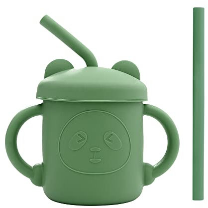 LAT Silicone Baby Cup with Straw, Sippy Cup with Non-Slip Handles, Toddler Cup Drinking Training Cup for Baby 6 + Months, 200ml (Green)