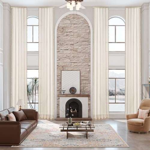 Sanceor Natural Linen Cream White Extra Long Curtain,20ft Custom Made Length Rod Pocket Semi Sheer Drape for 2 Story House,High Ceiling,Light Filtering（1 Panel,W52 x L240）