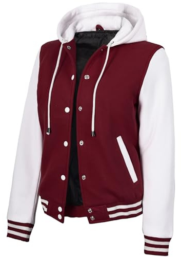 Decrum Letterman Jackets for Women Maroon Womens Bomber Jacket - Womens Varsity Jacket With Hood [40169175] | Maroon & White, XL