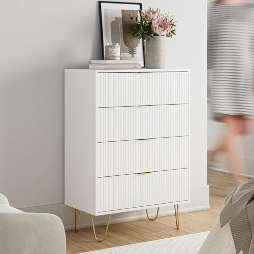 HEYZOEY Kommode Weiß, Sideboard mit 4 Schubladen, 34x60x91cm, Holz Schubladenschrank mit Gold Bein, Modern Boho Beistellschrank für Schlafzimmer, Flur, Wohnzimmer, Weiss