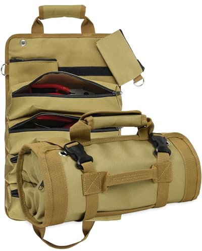 Tool Bag Compact Small Tools Box Storage for Small Tools, Heavy Duty Roll Up Tool Bag with 2 Detachable Pouches, Mens Gift for Dad/Husband (Father's Day, Christmas, Birthday) - (33cm/13 Khaki)
