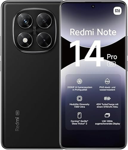 xiaomi Smartphone Redmi Note 14 Pro 5G, 12+512GB, Nero, Fotocamera AI professionale da 200 MP, IP68, ricarica turbo da 45 W con batteria da 5110 mAh, funzioni AI (caricabatterie non incluso), 2 anni