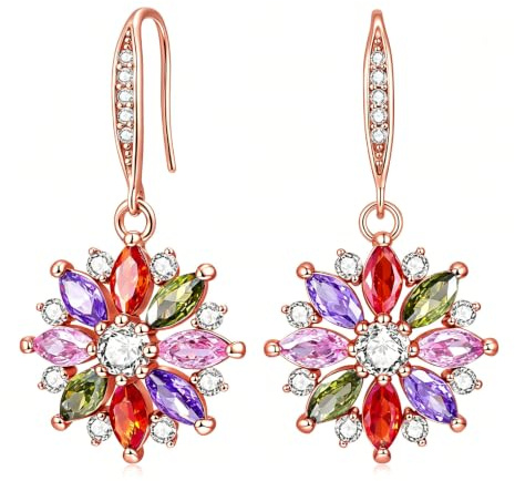 VONSSY Colorful Snowflake Pendant Necklace Stud Earrings Rose/White Gold Plated Crystal Sweater Chain Multi Gemstone Garnet Amethyst Morganite Peridot Prom Rhinestone Women Gift