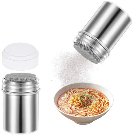 HERKINDNESS Saupoudreuse Sucre Glace, 2 Pièces Saupoudreuse en Acier Inoxydable 304 avec Couvercle, Saupoudreur de Chocolat en Poudre pour Cappuccino, Sucre en Poudre et Épices