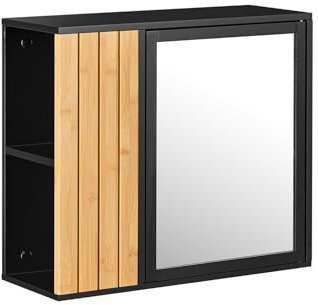 SoBuy Hängeschrank – Badezimmerschrank hängend mit Spiegel und seitlichen Fächern, Spiegelschrank mit höhenverstellbaren Regalen – Wandschrank für Bad, Badschrank, 50x20x45cm, Schwarz, BZR204-SCH