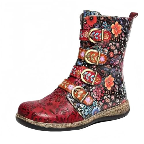 FQLGJMY Dam mitt på vaden knähöga cowboy stridsstövlar vintage etnisk blomma design läder snörning rund tå tjocka låga klackar ridstövlar boho vinter höst klänning stövlar festdekor