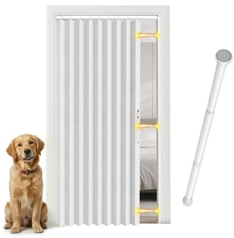 Jilron Cortina para Puerta Opaca, Cortina con Barra Telescópica, Cortina de Puerta Magnética Estilo Plisado para Pasillo y Dormitorio (Blanco-H198 x W130 cm) Pack de 1