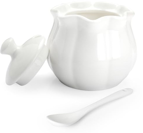Cyimi Sugar Bowl White Sugar Jar, Ceramic Porcelain Sugar Pot with lid and Spoon, Salt Container for Coffee Bar, Lotus-Shaped Seasoning Conditment for Home Kitchen, 9 oz/ 255 ml