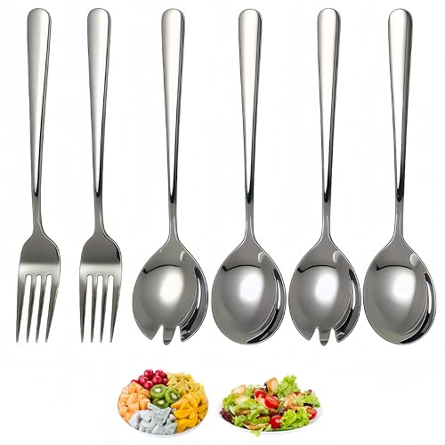 SHAOWENCB Salatbesteck Edelstahl 6 stück Salatbesteck Set Luxus .Hochglanz Servierbesteck für Salat, Dessert & Obst Inkl(Gabeln+Löffel+ Fischgabeln)*2 für Familiencamping und Picknick