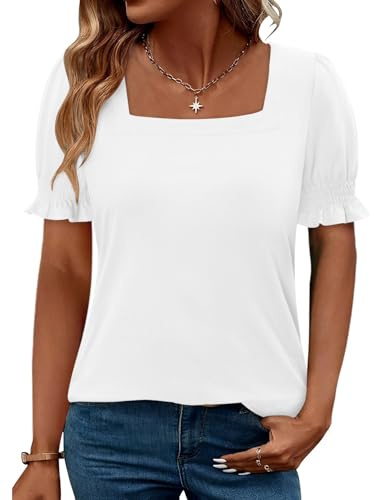 KISSMODA Womens Puff Short Sleeve Summer Tops Square Neck Loose Fit Blouses Dressy Casual Tredny Shirts Daily Outfits B White