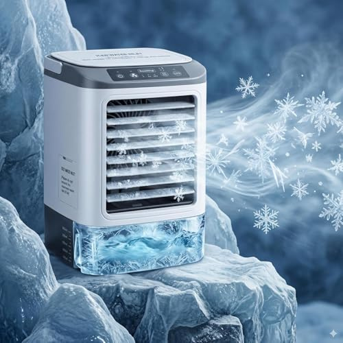 4-in-1 Mini Air Conditioners, Rechargeable Portable Evaporative Air Cooler with Ice Box, Water Tank, 3 Speeds and 2 Sprays Modes, Quiet Operation, Personal Cooling Fan for Bedroom, Office, Outdoor