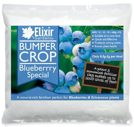 Elixir Gardens Blueberry Special Fertilizer/Food | Soluble Ericaceous Plant Feed for Acid-Loving Fruits & Flowers | 1kg - 20kg Sizes in Bags or Tubs | NPK: 12-10-10+4 | 1kg Polythene Bag
