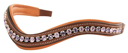 ExionPro gepolsterter Tansanit- & violetter Bling-Kristall-Stirnriemen aus Lederzaumzeug|Mit Diamanten verzierte Bling-Stirnbänder |Größe – Full, Cob, Over, Pony|Farbe-Braun, Schwarz