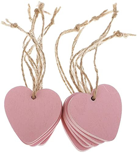 10pcs Wooden Hearts Ornaments Wooden Hanging Tags Wood Heart Labels for Wedding Ornament Party Decoration - Pink