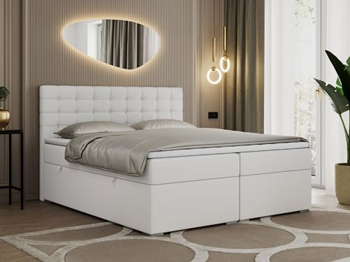 MKS MEBLE Boxspringbett Weiß 180x200 Mit Bettkasten, Polsterbett Mit Multipocket-Matratze H4, Kopfteil Und Topper - Weiß Kunstleder - Susan