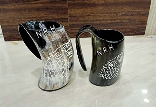 Nautical Replica Hub Vikings Game of Thrones Stark House Drinking Horn Mug Wolf Carved tankard for Beer Wine Mead ale Stein Authentic 16oz with Burlap Sack (Set of 2)