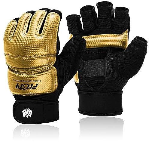 FitsT4 Sports MMA guantoni da boxe imbottiti, guanti da allenamento, sacco da boxe, kickboxing, arti marziali, taekwondo Sparring con protezione per il polso, per uomo e donna, oro, XL