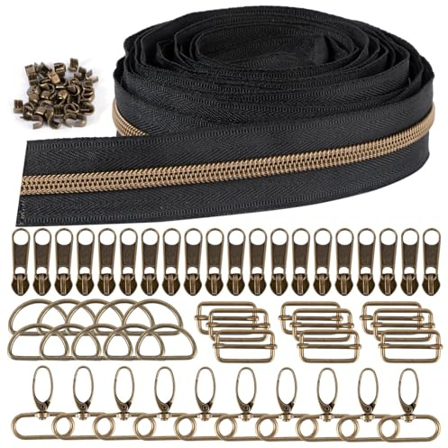 BOFUNX 5.5m Cremallera Continua Negra por Metros+20pcs Tiradores para Cremallera Metálica+40pcs Topes Repuestos+30pcs Hebillas Metálicas para Coser Costura DIY Mochila Bolso Ropa