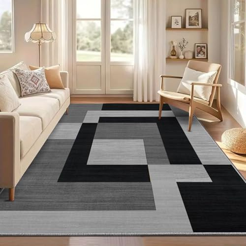 AMEHA Rugs Living Room 120x170 cm - Black & Grey Area Rug (Milo Black & Gre | OEKO-TEX Certified Printed Rug, Non Slip Backing, Low Pile, Non Shedding, Easy Care Geometric Design