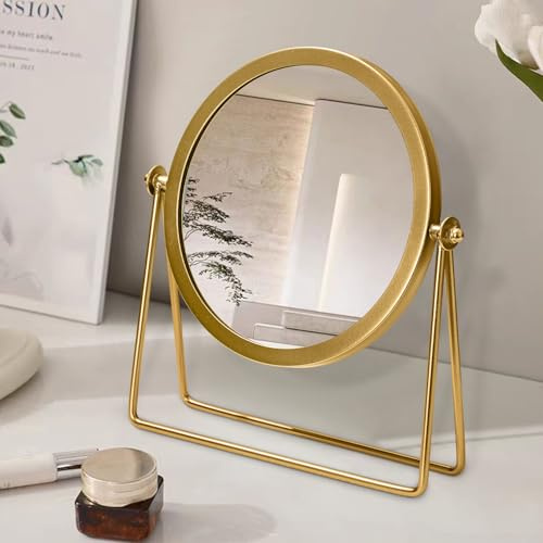 JJUUYOU Skrivbordsspegel med metallinramad rund bordsspegel 360° rotation fristående sminkspeglar för toalettbord skrivbord badrum sovrum, guld