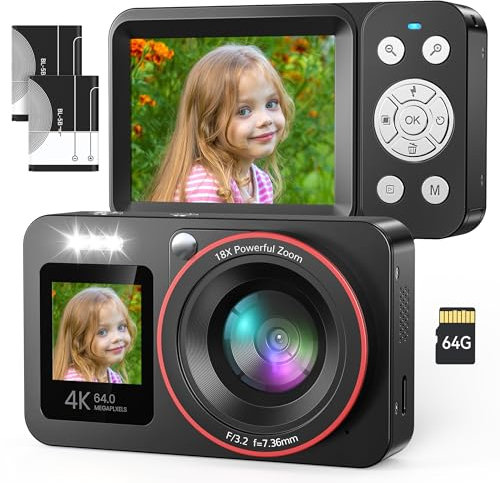 4K Digitalkamera 64MP FHD Fotokamera für Kinder Fotokamera Kompaktkamera 18X Digitalzoom Fotoapparat mit Zwei Bildschirme, 64G SD Karte für Kinder Teenager Anfänger, Schwarz