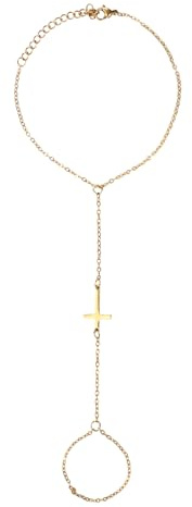 JewelryWe Kors handkedja armband med ring: guld rostfritt stål handkedja armband med fingerring dam justerbar handkedja armband sommar trend handsmycke strandmode, rostfritt stål