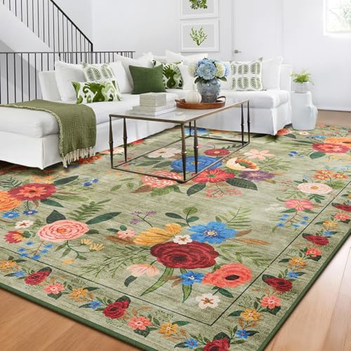 BYBSRLL Machine Washable Rugs Living Room, 160x230cm, Non Slip Floor Carpet, Boho Rug, Low Pile, Large Soft Vintage Floral Area Rugs for Bedroom, Kitchen,Entryway, Lounge,Office, Kids, Green