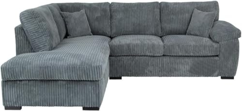 Bliss Furniture Amalfi Jumbo Cord L-Shape 4 Seater Corner Sofa for Family Living Rooms – Left-Hand Chaise, Corduroy, Birch Frame, Memory Foam – High Back Sectional Couch (Grey, Left Hand Corner)