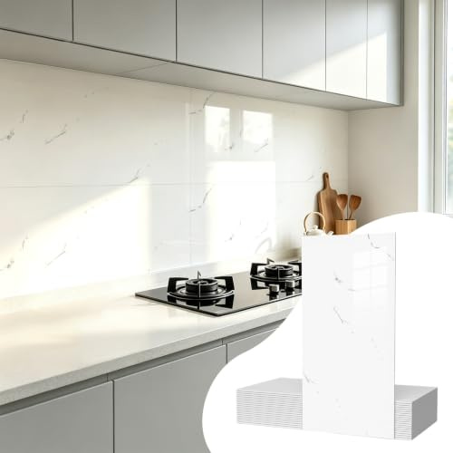 Vieshful Lot de 20 Carrelage Adhésif 30x60cm, Crédence Cuisine Autocollante, Carrelage Mural Autocollant Étanche Effet Marbre pour Cuisine, Salle de Bain, Murs TV et Salon Blanc Pas de Vrais Carreaux