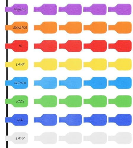 40Pcs Cable Cord Labels Large Size, Reusable Cables Ties for Organizing Wires and Identification, 8 Colors Write On Cable Cord Labels, Hook and Loop Type