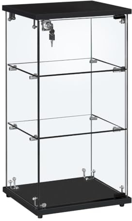 Shoplines Supplies Frameless Black Lockable Glass Display Cabinet with 2 Adjustable Shelves Countertop Showcase for Retail Home Exhibitions