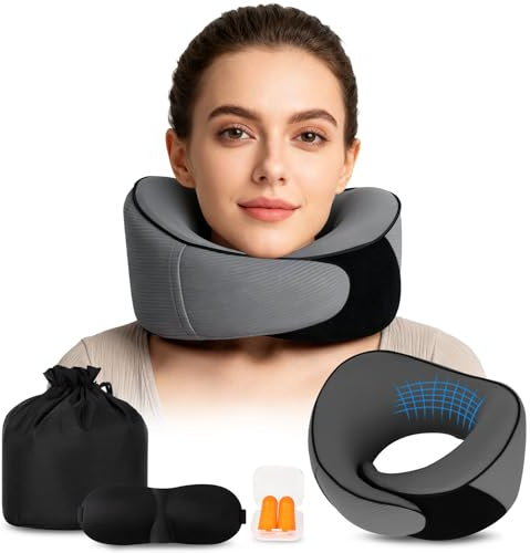 Lafisun Travel Pillow Set with Memory Foam – Adjustable Neck Pillow for Travel with Eye Mask & Earplugs, Ergonomic Travel Neck Pillow for Flight, Car, Train, Office for Adults