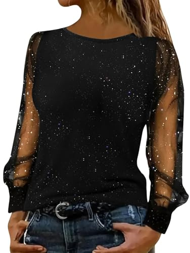 Top Fiesta Mujer Camiseta Lentejuelas Mujer Brillante Blusa Manga 3/4 Vintage Camiseta Verano Pantalones Fin De Año 2#Negro L