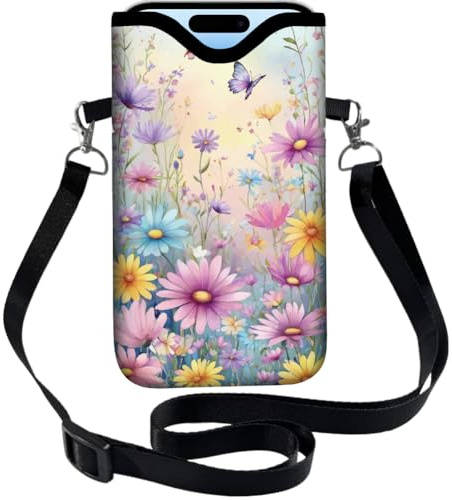PRESSINART Neoprene Cell Phone Sleeve Pouch with Adjustable Strap Neck Lanyard Fits Most Smartphones 7.1 x 3.9 Inch Waterproof Phone Pouch Floral Butterfly Carrying Cellphone Case Bag for Women Men