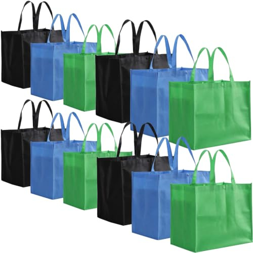 Tosnail 12 Pack Reusable Grocery Shopping Bags, Large Foldable Tote Bags Bulk, Fabric Bags with Long Handle for Shopping Groceries Clothes - Black, Blue, Green