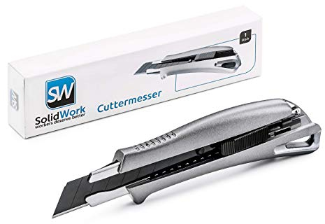 SolidWork Profi Cuttermesser aus hochwertigem Aluminium – Teppichmesser mit Sicherheitslock und ultra scharfer Klinge