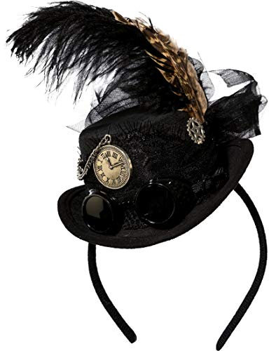 NET TOYS Schicker Steampunk-Mini-Hut mit Federn für Frauen | Schwarz | Hochwertiges Damen-Kostüm-Zubehör Viktorianischer Kopfschmuck | Ideal für Fastnacht & Halloween