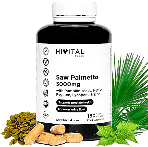 Saw Palmetto 3000 mg. 180 capsules vegan pour 3 mois de traitement. Avec Serenoa Repens, graines de citrouille, ortie, pygeum africanum, lycopène et Zinc. Fabriqué en Europe par HIVITAL