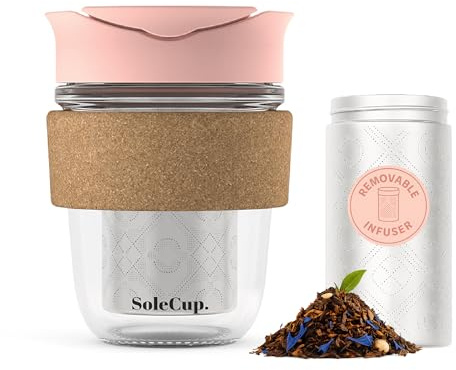 SoleCup – lös te resemugg med tesil – 340 ml – återanvändbar lös tekopp med korkband – avtagbar lös tesil (rosa)